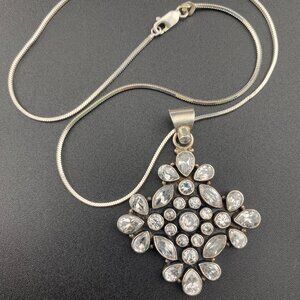 925 Sterling Silver Flower CZ Large Statement 2.1" Pendant 16" Necklace 21.2gram